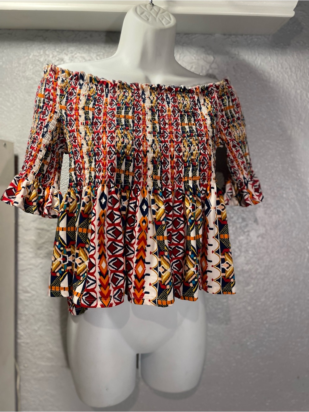 Liberty Love Red Multi Smocked Off-Shoulder Peplum Top